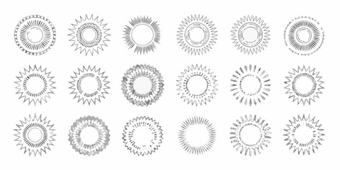 Collection of hand drawn sunbursts and circular decorative elements in black and white