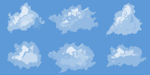 Abstract artistic representation of six fluffy white clouds scattered across a clear blue sky background