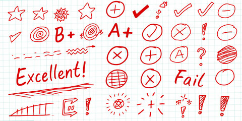 Collection of red hand drawn school grading symbols including stars checkmarks crosses grades and the word excellent on a grid paper background