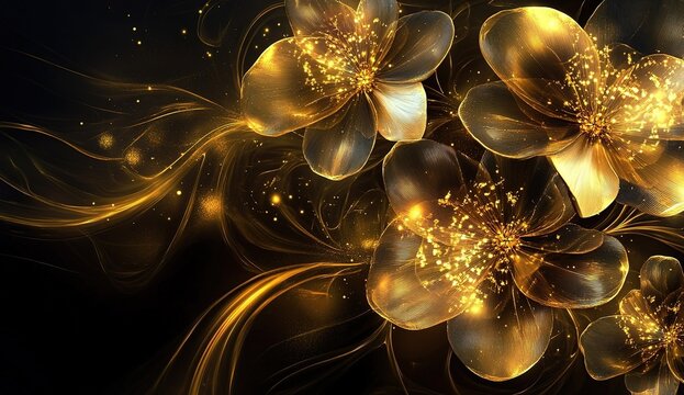 Golden flowers with golden swirls on a black background, a golden glow around the edges of each flower and in between them, a glowing yellow light emanating from behind the petals.