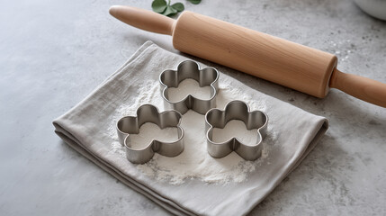 Shamrock Cookie Cutters with Rolling Pin on Floured Surface for St Patrick's Day Baking