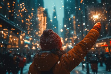 Woman holding sparkle in the air.