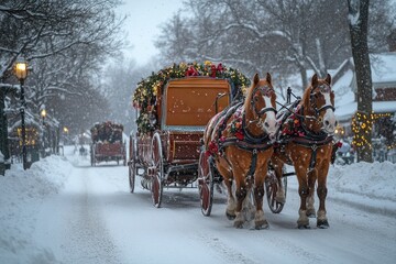 Horse-drawn carriage trotting down a cobblestone street.