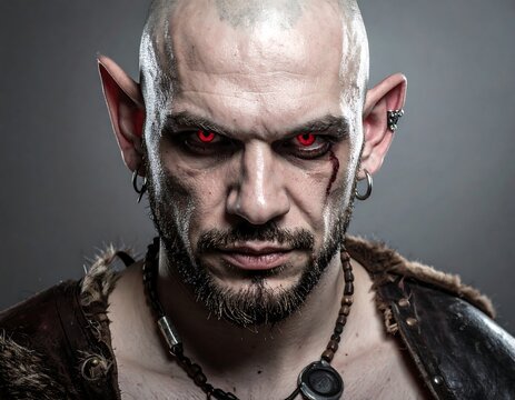 A close-up portrait of an elf-like humanoid with intense red eyes - Powered by Adobe