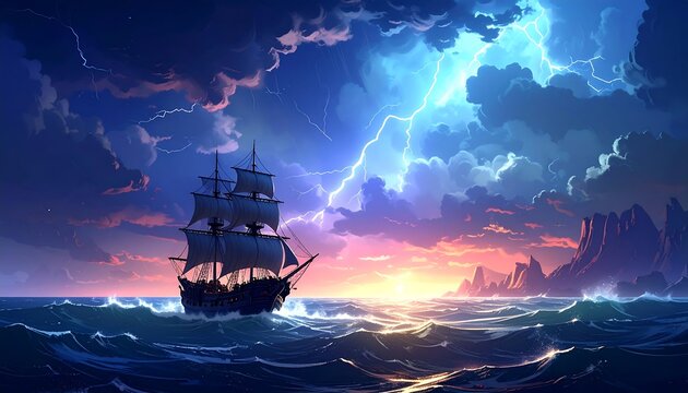 A sailing vessel battles a tumultuous seascape under a dramatic sky. Lightning illuminates stormy clouds, and distant islands are visible