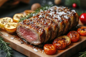 Steak on cutting board with tomatoes and herbs.