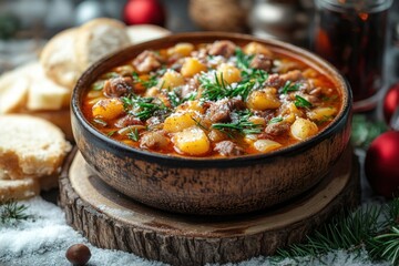 Bowl of stew with potatoes and meat.