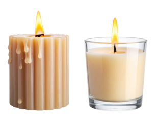 Two variations of decorative purple candles with soft light isolated on transparent background