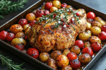 Roasted chicken with potatoes and tomatoes in a pan.