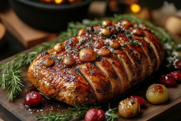 Pork with herbs and potatoes on a cutting board.