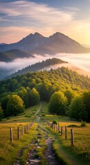 Scenic Mountain Trail at Sunrise - A Path to Serenity.