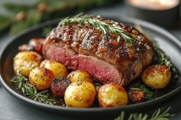 Steak with potatoes and rosemary on a plate.