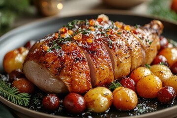 Plate of chicken with potatoes and tomatoes.
