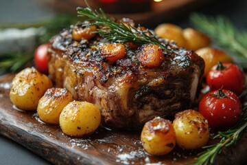 Steak with potatoes and tomatoes on wooden board.