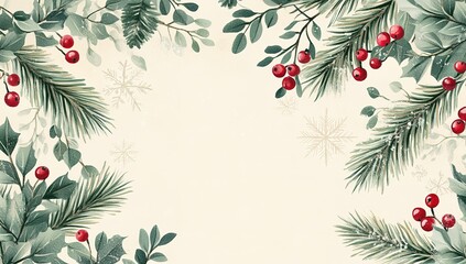 Illustration of a vintage Christmas garland, featuring green pine branches and red berries, snowflakes, and a cream background in a cottagecore style with muted colors.