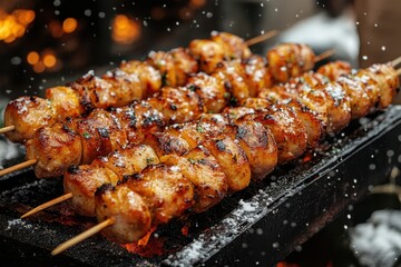 Meat and vegetables grilling on a barbecue.