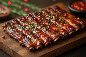 Ribs on bbq sauce-covered cutting board