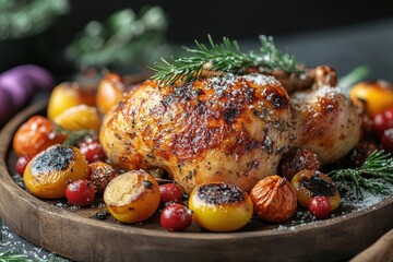 Roasted chicken and cherries served in wooden bowl.