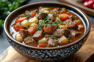 Bowl of beef stew with potatoes and carrots.