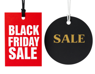 Set of two Black Friday sale tags for holiday promotions isolated on transparent background