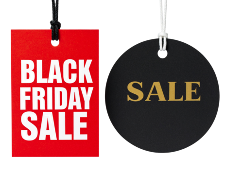 Set of two Black Friday sale tags for holiday promotions isolated on transparent background