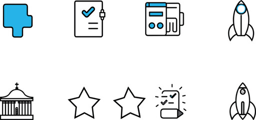 Blue icon grid vector illustration, hand-drawn sketch symbols, creative concept elements, technology and planning theme, minimal white background, business design set