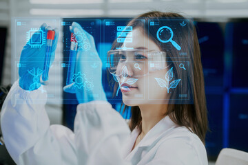 An Asian female scientist in a modern lab examines two test tubes while using augmented reality, smart glasses,holographic data overlays, highlighting biotechnology, precision research, innovation