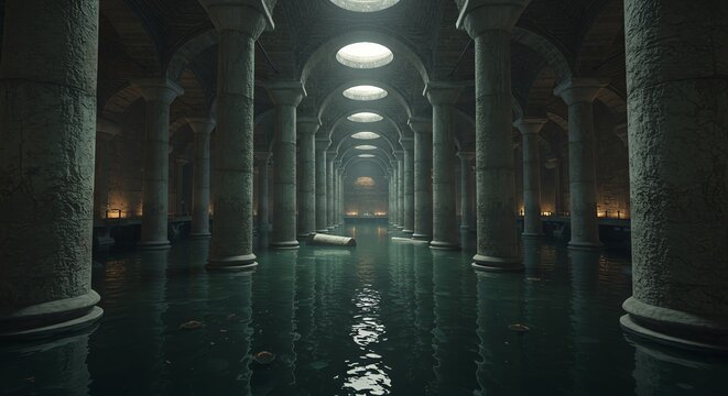 Ancient Underground Cistern Eternal Water Reflections and Sunlight