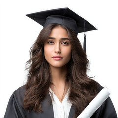 Smiling Indian female graduate in cap and gown holding diploma, confident expression, white background, academic achievement