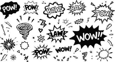 Comic sound effect vector illustration, black and white pop art explosion, retro typography design, dynamic action layout, graphic novel style elements