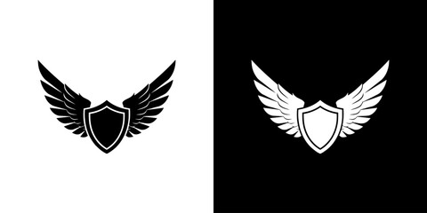Obraz premium A black and white graphic illustration of a shield with wings, presented on both a white and black background.