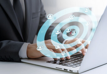 Targeting Digital Audiences with Smart Business Technology, Laptop with radar circles and user icons for audience outreach