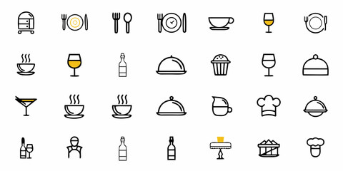 Elegant line icons of dining service and restaurant amenities offer a modern and sophisticated touch for culinary designs and catering promotions, perfect for websites