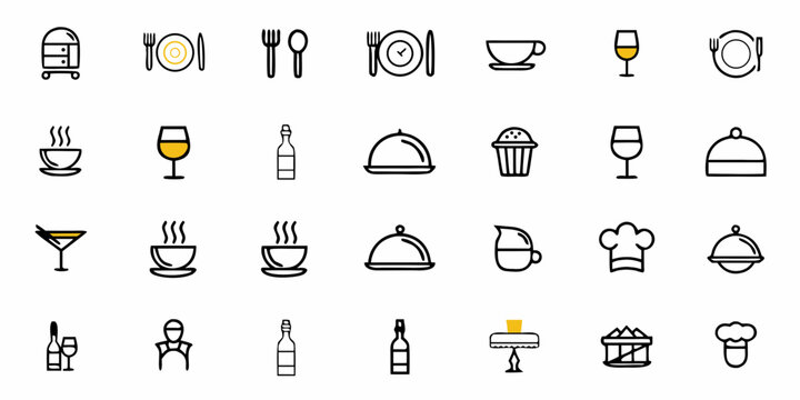 Elegant line icons of dining service and restaurant amenities offer a modern and sophisticated touch for culinary designs and catering promotions, perfect for websites