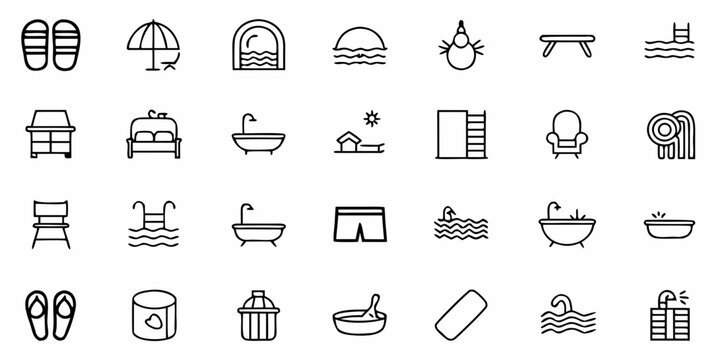 Relaxing summer vacation icon set perfect for travel brochures or spa promotions, featuring bathtubs, beach umbrellas and swimming pools in a minimalist style