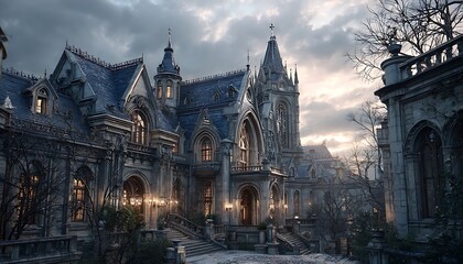 Fototapeta premium Somber architecture in slate tones with low evening light and sharp edges