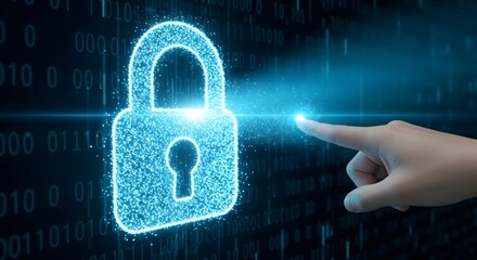 Digital security concept with glowing lock symbol and human hand touching holographic padlock representing cybersecurity, data protection, privacy, and online safety