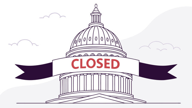 Capitol Building Closed: A symbolic depiction of a grand capitol building, draped with a banner announcing its closure, evoking a sense of unavailability.