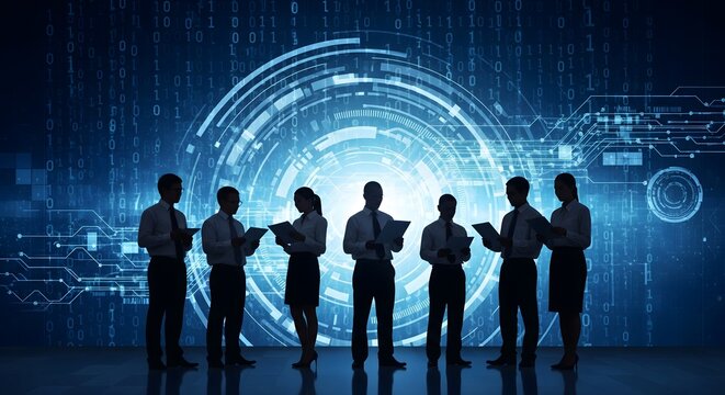 Business professionals collaborating on digital transformation strategy with futuristic technology interface, teamwork innovation and data-driven solutions in corporate success concept