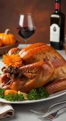 Festive Thanksgiving Turkey Dinner with Wine and Pumpkin.