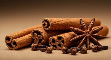 Aromatic Spices Cinnamon Sticks Star Anise and Cloves Still Life