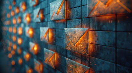 Metallic envelopes glowing with warm light on a textured wall.