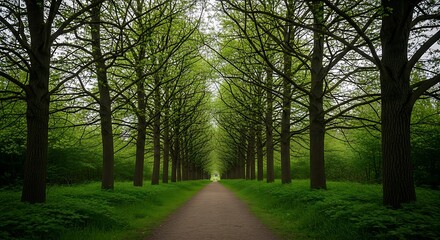 Obraz premium Path Through Verdant Forest - A Serene Walkway Under a Canopy of Green.
