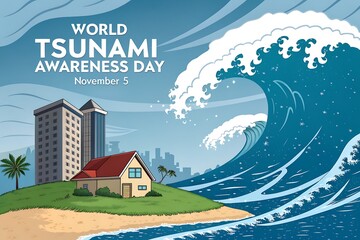 World Tsunami Awareness Day Visual With Coastal Home, City Skyline, And巨 Wave Illustration

