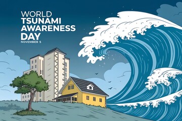 World Tsunami Awareness Day Visual With Coastal Home, City Skyline, And巨 Wave Illustration

