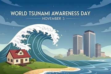 World Tsunami Awareness Day Visual With Coastal Home, City Skyline, And巨 Wave Illustration

