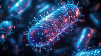 Microscopic close-up of a vibrant, glowing bacteria cell, showcasing its complex structure with luminous details and surrounding micro-organisms.