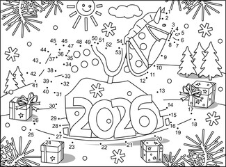 Dot-to-dot 2026 year Zodiac symbol horse in winter holidays activity picture puzzle and coloring page
