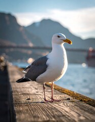 Fototapeta premium Bird perched on wooden deck, mountain backdrop
