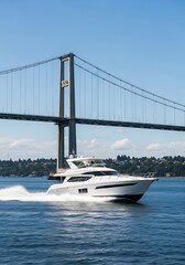 Luxury Yacht Cruising Under a Bridge on a Sunny Day.